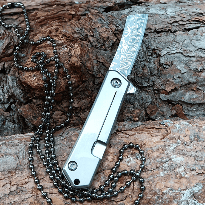POCKET SAMURAI TITANIUM TACTICAL KNIFE DAMASCUS BLADE